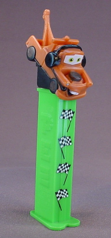 Pez Disney Cars Mater The Tow Truck, Green Stem With Checkered Flags On The Front, Pez Candy Dispenser