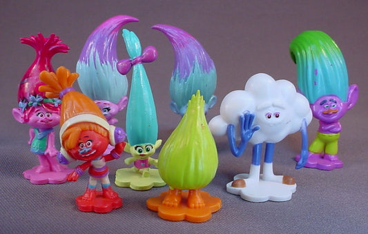 Trolls World Tour Movie Set Of 8 PVC Figures On Bases, 1 3/4 To 2 1/2 Inches Tall, DreamWorks, Hasbro, Fuzzbert, Satin & Chenille, Cloud Guy, DJ Suki, Smidge, Poppy, Creek, Trolls 2