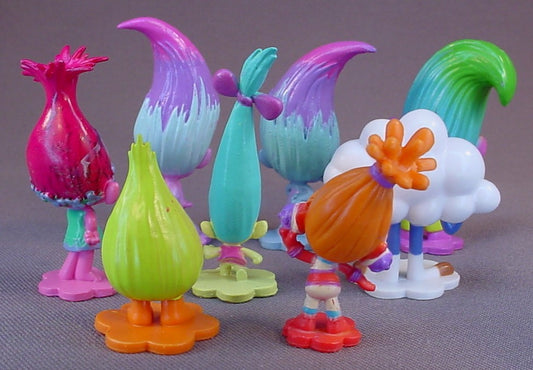 Trolls World Tour Movie Set Of 8 PVC Figures On Bases, 1 3/4 To 2 1/2 Inches Tall, DreamWorks, Hasbro, Fuzzbert, Satin & Chenille, Cloud Guy, DJ Suki, Smidge, Poppy, Creek, Trolls 2
