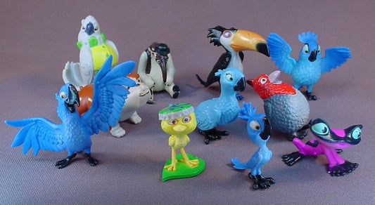 Rio 2 Movie Set Of 11 Figures, 1 1/2 To 2 1/4 Inches Tall, Fox, Blu, Gabi Tree Frog, Luiz Bulldog, Pedro Cardinal, Rafael Toucan, Charlie Anteater, Nigel Cockatoo, Nico Canary, Tiago Macaw, MimiMacaw
