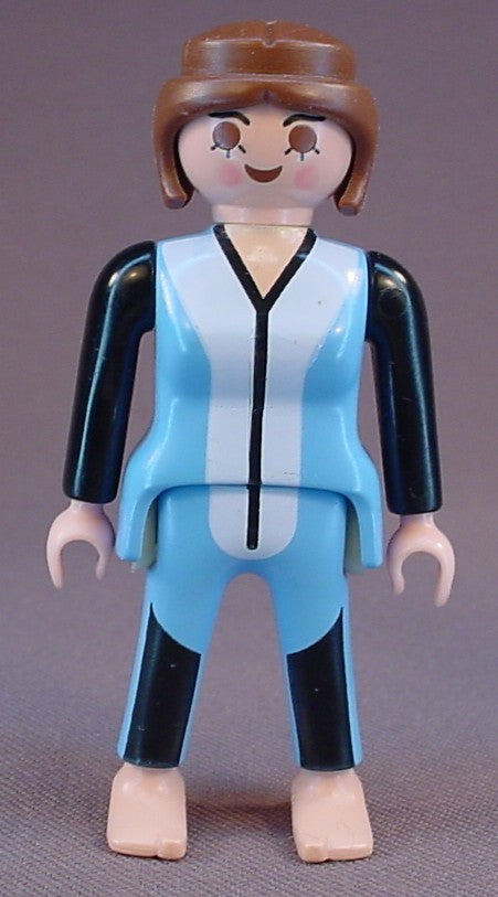 Playmobil Adult Female Diver Figure In A Blue White And Black Wet Suit, Brown Hair, Bare Feet, 3948