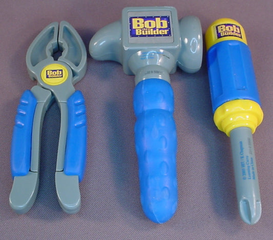 Bob The Builder Set Of 3 Tools With Rubber Grips, 2005 Learning Curve, The Hammer Is 6 Inches Long, Hammer Screwdriver & Pliers