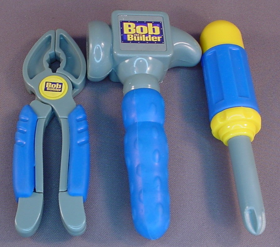 Bob The Builder Set Of 3 Tools With Rubber Grips, 2005 Learning Curve, The Hammer Is 6 Inches Long, Hammer Screwdriver & Pliers