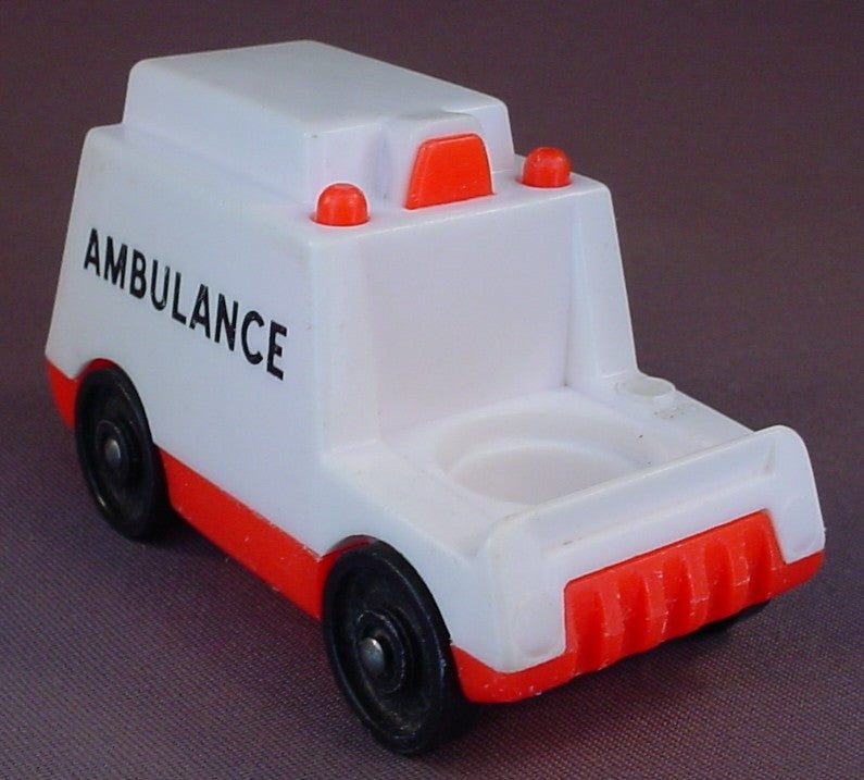 Fisher Price Vintage White Ambulance With A Red Base, "Fisher Price Toys" On The Wheels