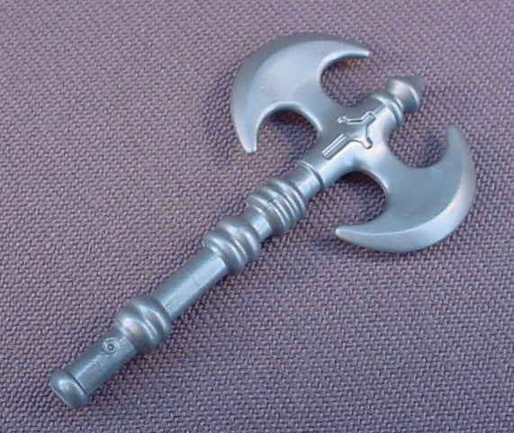 Playmobil Silver Gray Double Bladed Curved Axe Weapon, Battle Ax, Battleaxe, Silver Grey