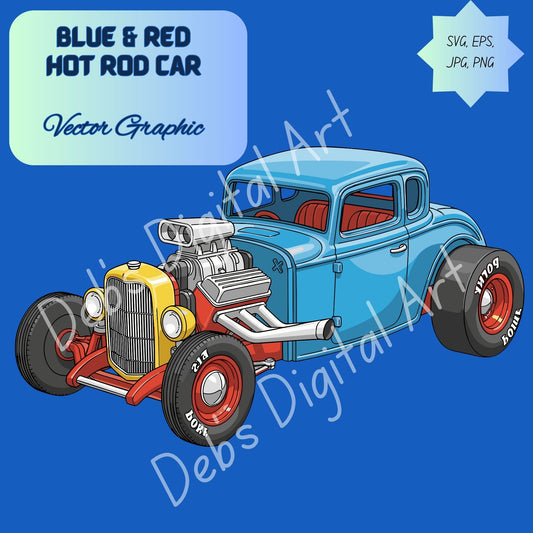 Vintage Blue Red Hot Rod Car Clipart | Big Block Engine, Yellow Radiator, Slick Tires | SVG PNG EPS JPG 300 DPI Transparent