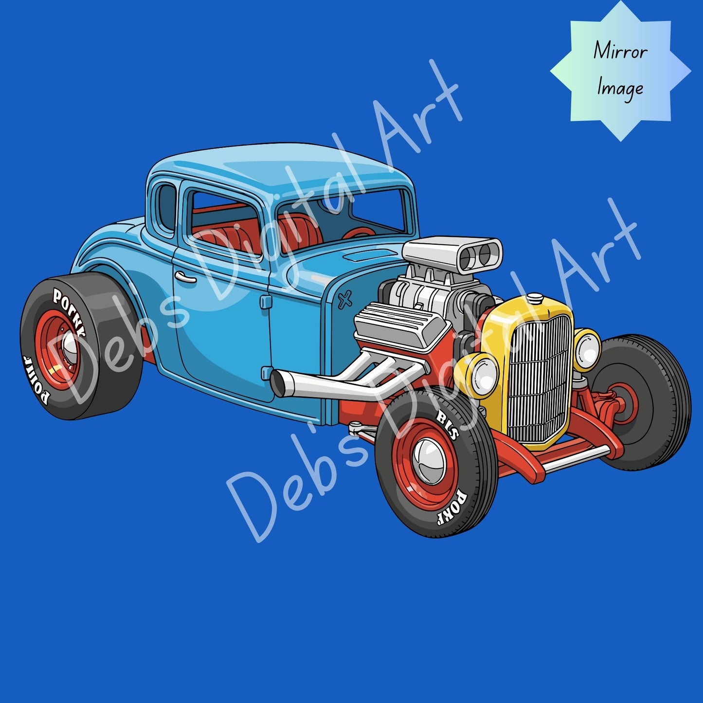 Vintage Blue Red Hot Rod Car Clipart | Big Block Engine, Yellow Radiator, Slick Tires | SVG PNG EPS JPG 300 DPI Transparent