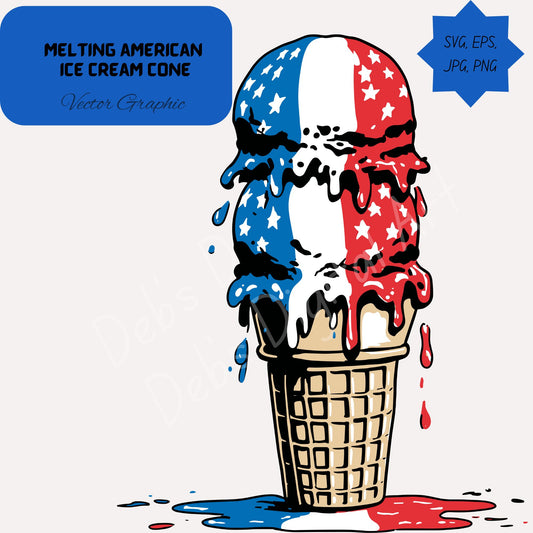 Melting American Flag Ice Cream Cone (Clipart): Red White Blue Stars Political Democracy Free Speech Loss (svg png eps jpg) (Transparent background) (Digital download)