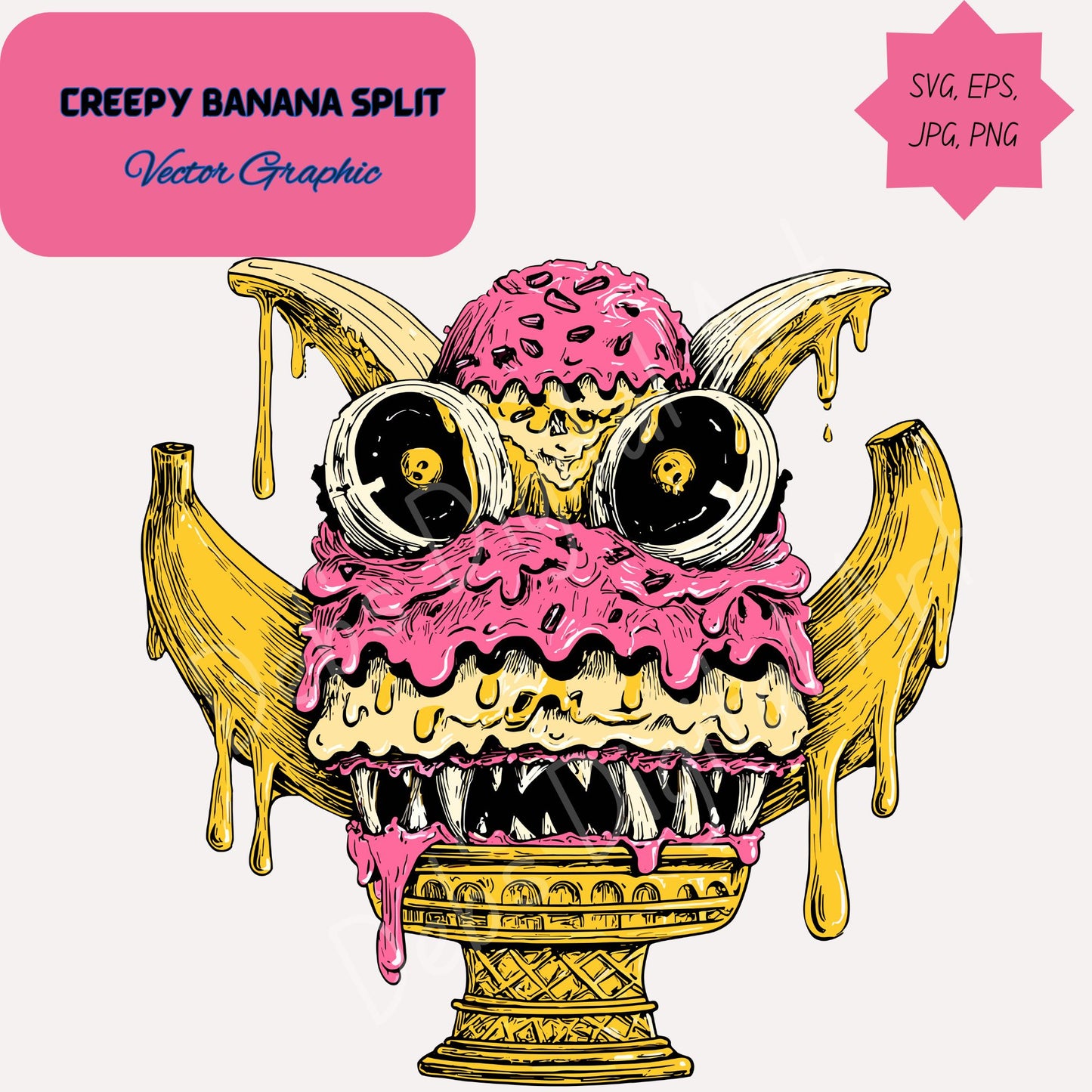 Creepy Banana Split Ice Cream with Sharp Teeth and Weird Eyes (Clipart): (Svg png eps jpg) (Transparent background) (Digital download)