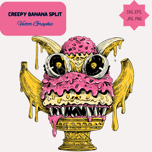 Creepy Banana Split Ice Cream with Sharp Teeth and Weird Eyes (Clipart): (Svg png eps jpg) (Transparent background) (Digital download)