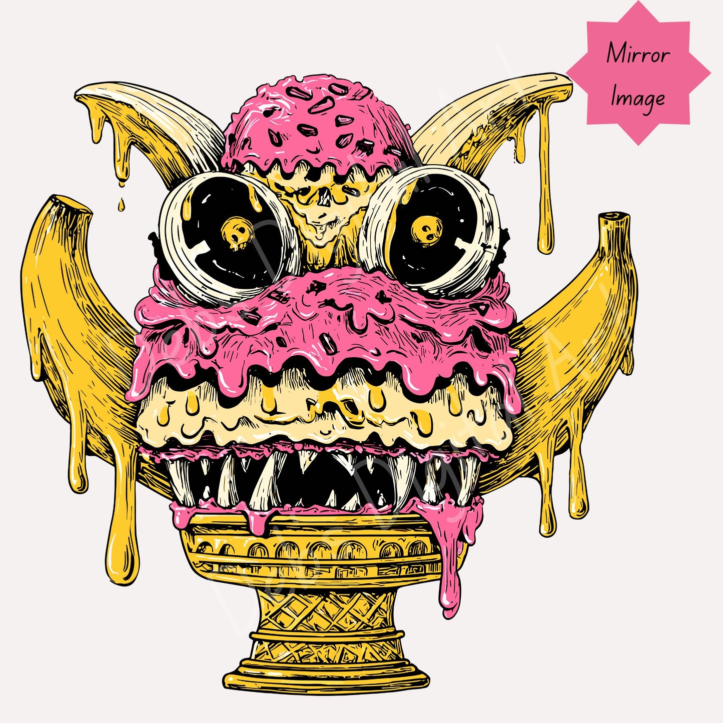 Creepy Banana Split Ice Cream with Sharp Teeth and Weird Eyes (Clipart): (Svg png eps jpg) (Transparent background) (Digital download)