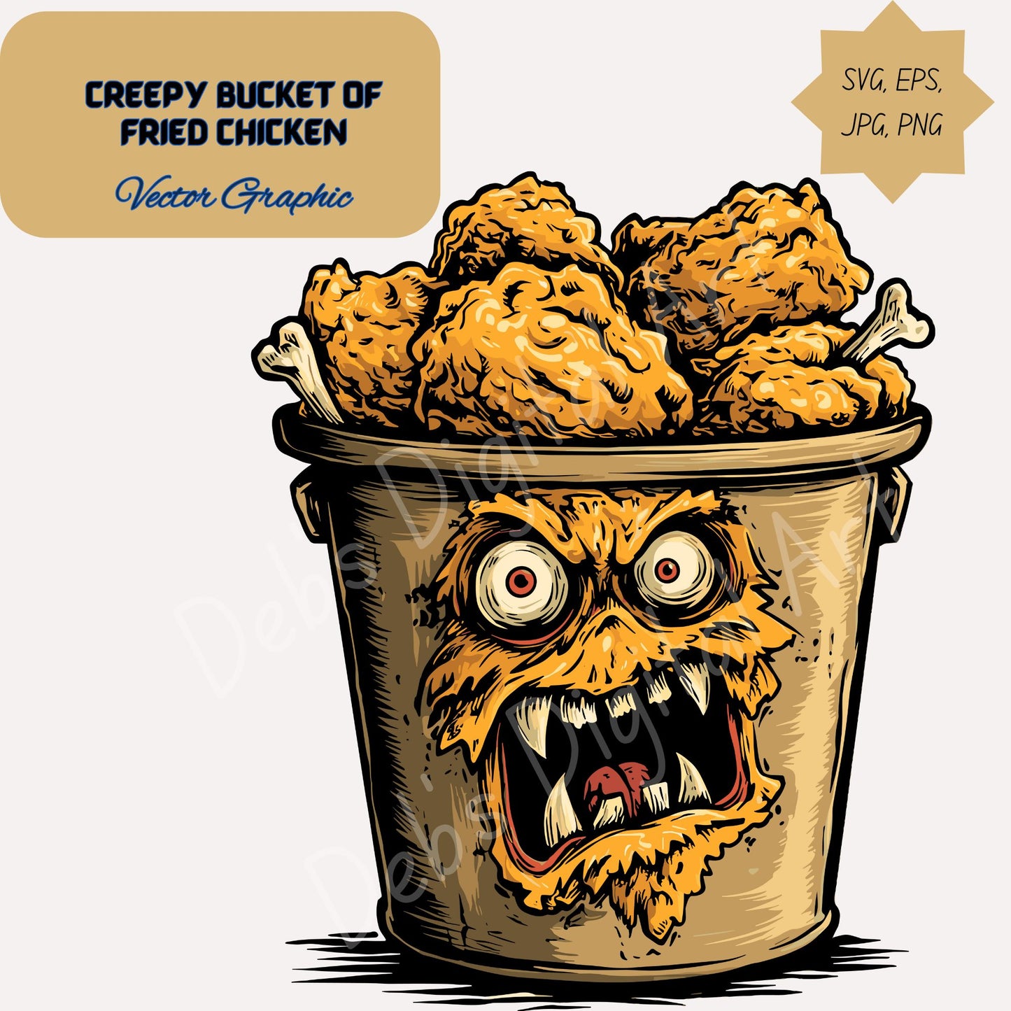 Creepy Bucket of Fried Chicken with Sharp Teeth and Bulging Eyes (Clipart): (svg png eps jpg) (Transparent background) (Digital download)