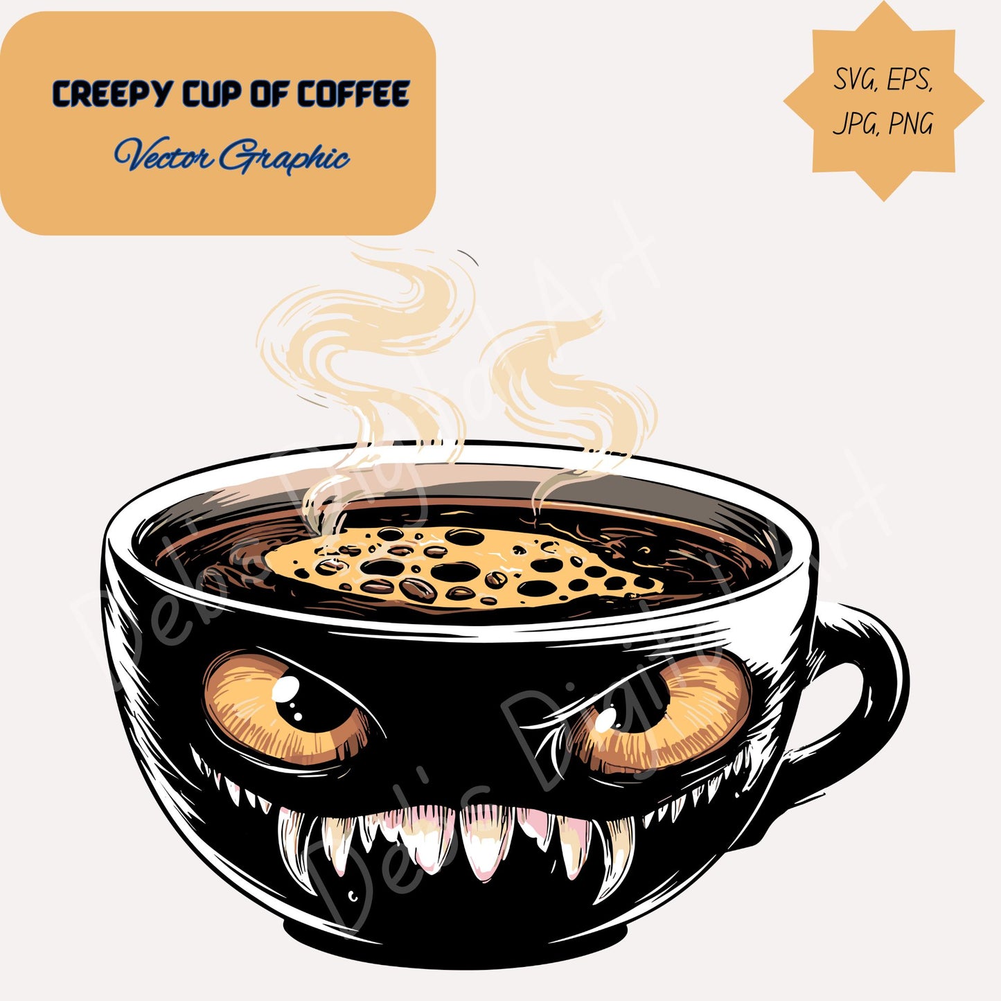 Creepy Cup Of Coffee (Clipart): coffee with terrifying eyes and sharp teeth (svg png eps jpg) (Transparent Background) (Digital Download)