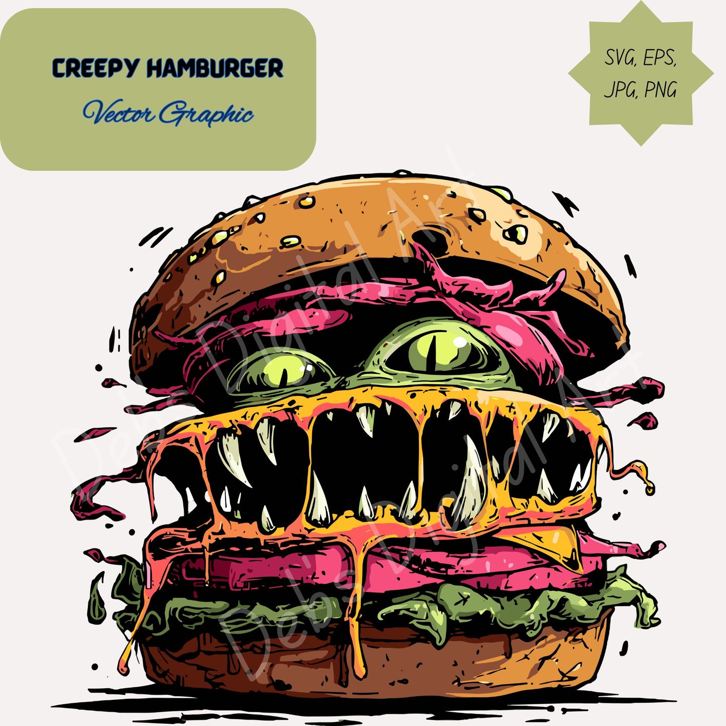 Creepy Scary Gross Hamburger with Menacing Teeth and Green Eyes (Clipart): (svg png eps jpg) (Transparent Background) (Digital Download)