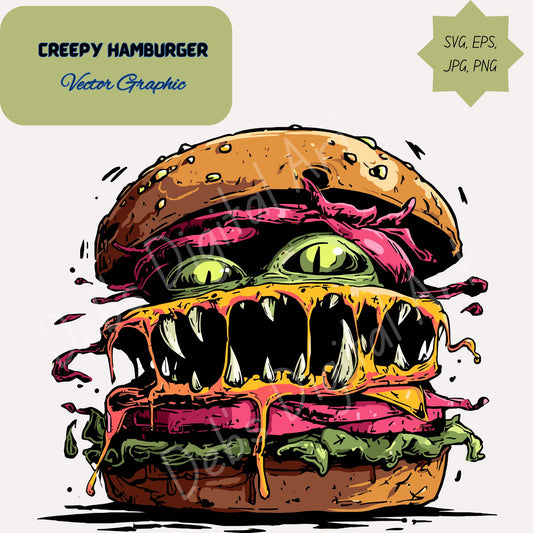 Creepy Scary Gross Hamburger with Menacing Teeth and Green Eyes (Clipart): (svg png eps jpg) (Transparent Background) (Digital Download)