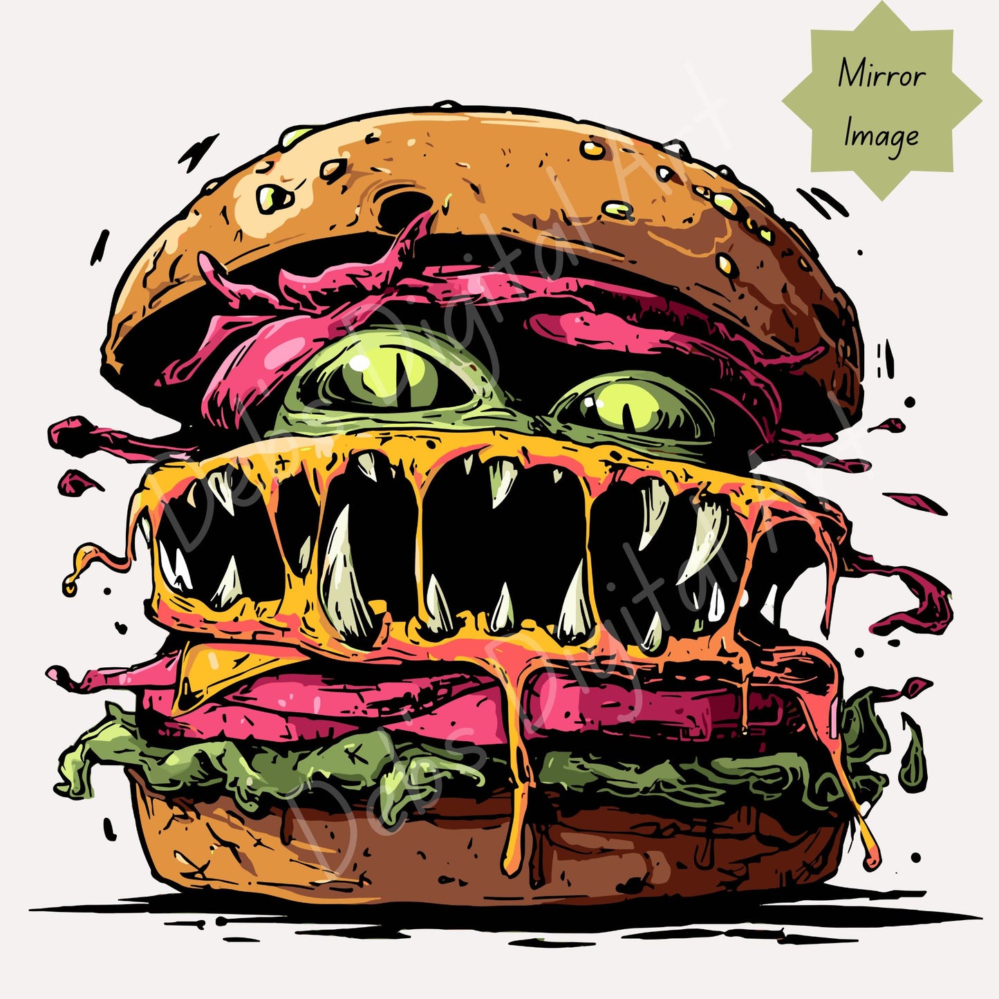 Creepy Scary Gross Hamburger with Menacing Teeth and Green Eyes (Clipart): (svg png eps jpg) (Transparent Background) (Digital Download)