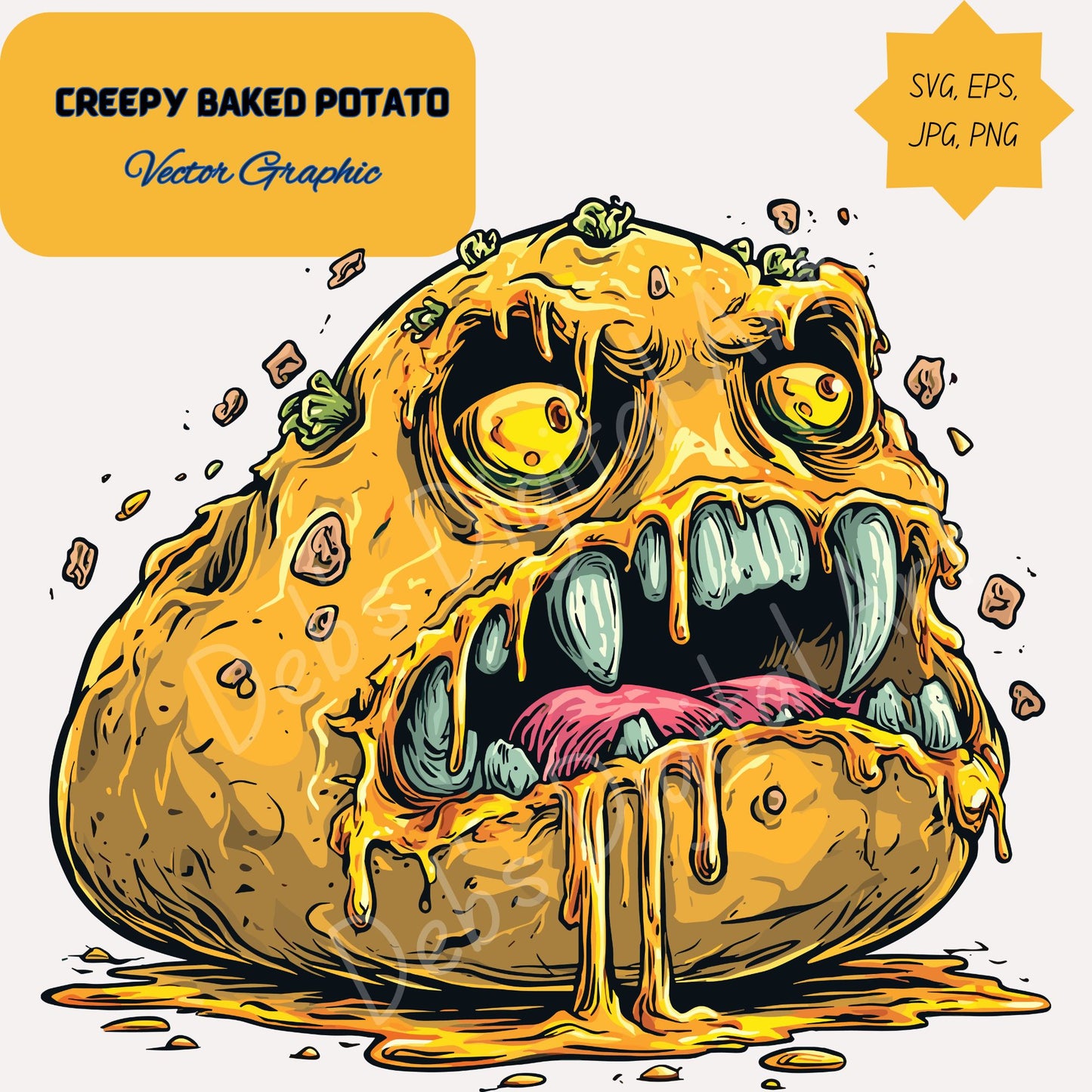 Creepy Gross Baked Potato with Green Teeth and Yellow Eyes (Clipart): (svg png eps jpg) (Transparent background) (Digital download)