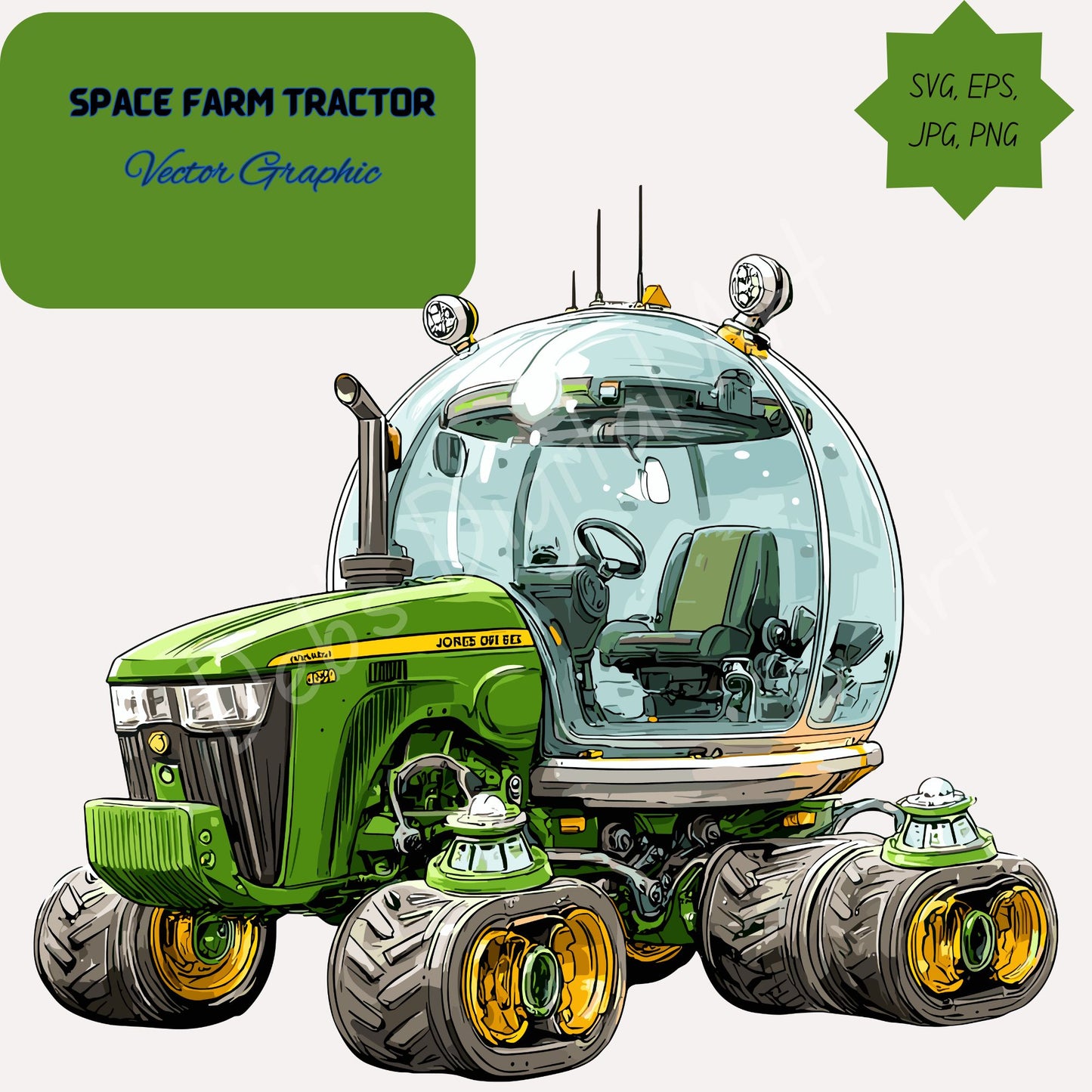 Sci Fi Green Space Farm Tractor with Glass Cockpit and Tracked Wheels (Clipart):  (Svg Png Eps Jpg), (Digital Download), (Transparent Background)