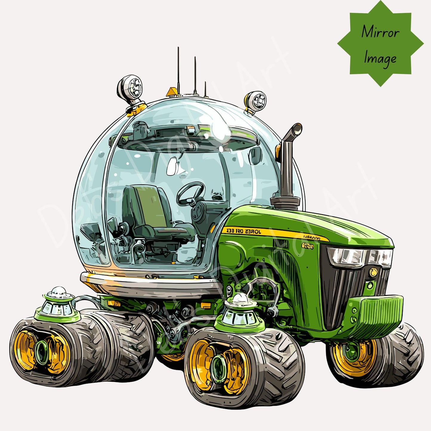 Sci Fi Green Space Farm Tractor with Glass Cockpit and Tracked Wheels (Clipart):  (Svg Png Eps Jpg), (Digital Download), (Transparent Background)