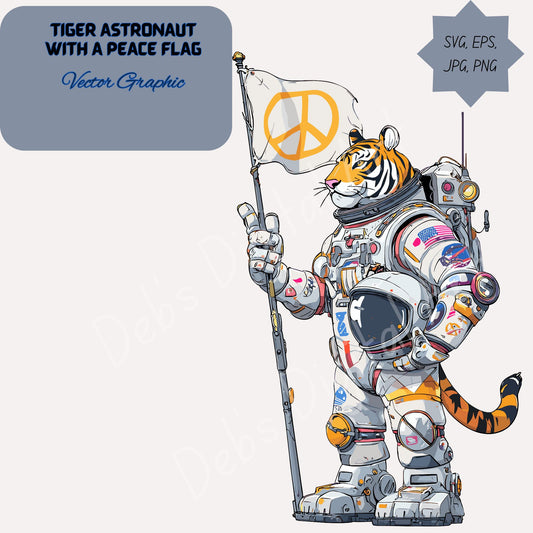 Sci Fi Tiger Astronaut Space Suit Holding Peace Flag and Helmet Clipart, (Svg Png Eps Jpg), (Transparent Background) (Digital Download)