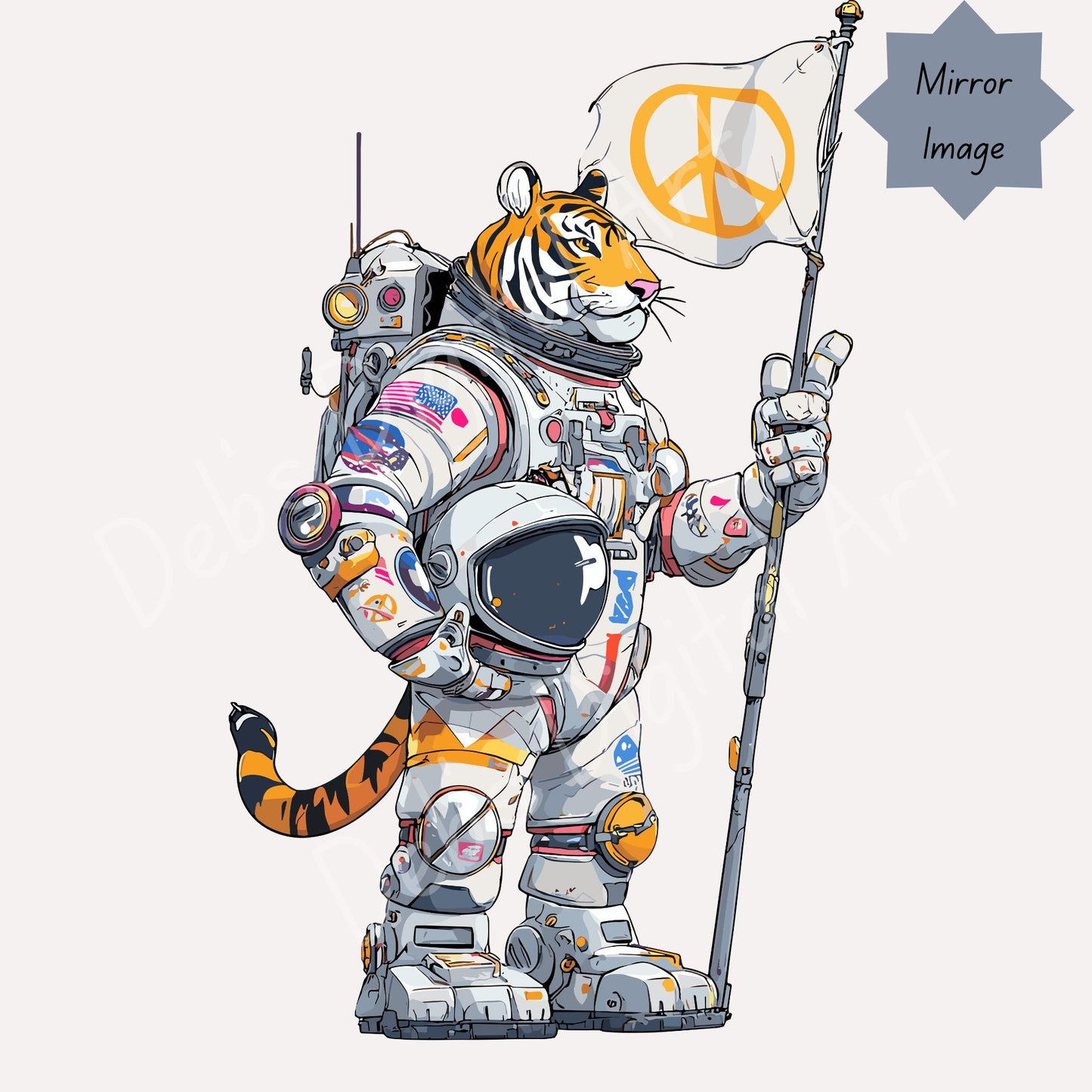 Sci Fi Tiger Astronaut Space Suit Holding Peace Flag and Helmet Clipart, (Svg Png Eps Jpg), (Transparent Background) (Digital Download)