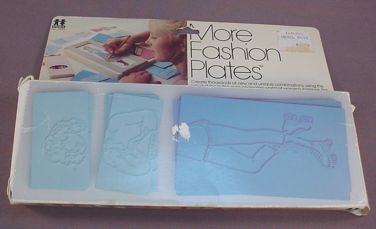 Vintage Tomy More Fashion Plates Set #2510 In The Original Box, Has The Original Plastic Tray With The Crayon & Holder, Has 15 Fashion Plates, 1978 Tomy