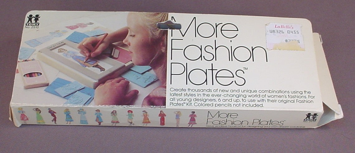 Vintage Tomy More Fashion Plates Set #2510 In The Original Box, Has The Original Plastic Tray With The Crayon & Holder, Has 15 Fashion Plates, 1978 Tomy