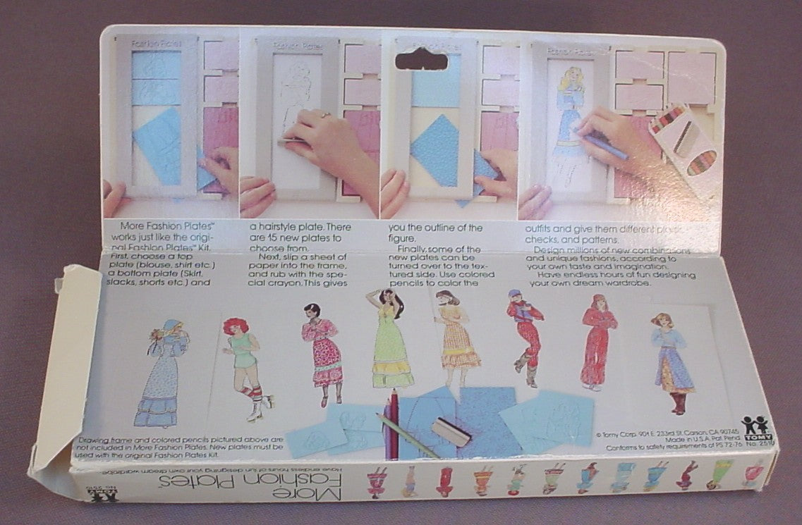 Vintage Tomy More Fashion Plates Set #2510 In The Original Box, Has The Original Plastic Tray With The Crayon & Holder, Has 15 Fashion Plates, 1978 Tomy