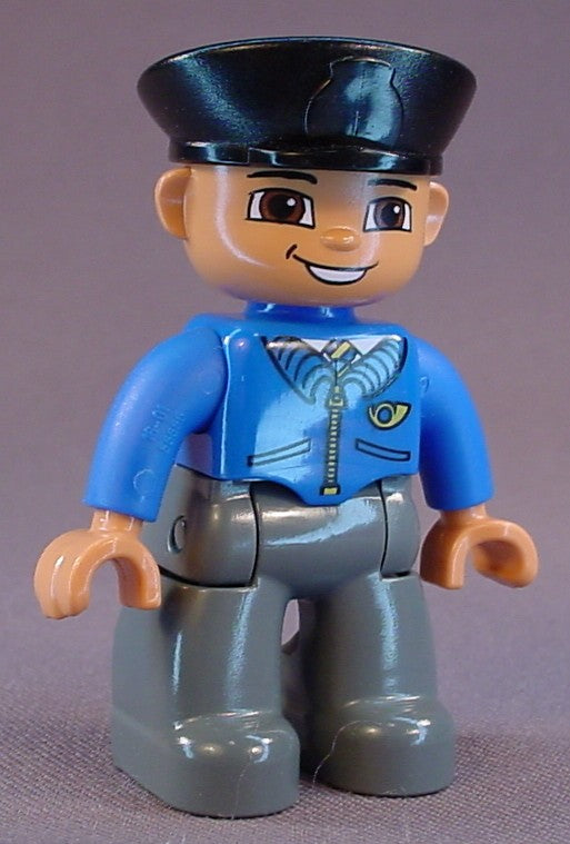 Lego Duplo 47394 Male Articulated Figure, Black Police Hat, Blue Jacket With Zipper And Logo Pattern, Gray Legs, Bends At The Waist, Legs And Head Move, Mail Horn Logo, Post Office