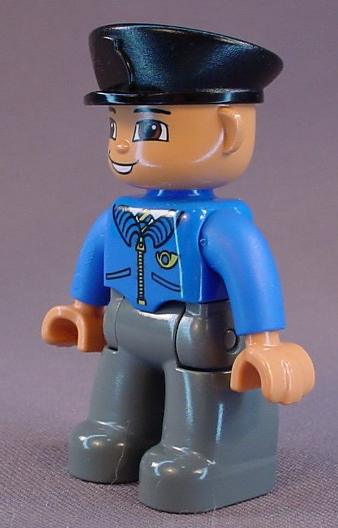 Lego Duplo 47394 Male Articulated Figure, Black Police Hat, Blue Jacket With Zipper And Logo Pattern, Gray Legs, Bends At The Waist, Legs And Head Move, Mail Horn Logo, Post Office
