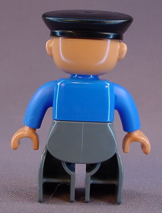 Lego Duplo 47394 Male Articulated Figure, Black Police Hat, Blue Jacket With Zipper And Logo Pattern, Gray Legs, Bends At The Waist, Legs And Head Move, Mail Horn Logo, Post Office