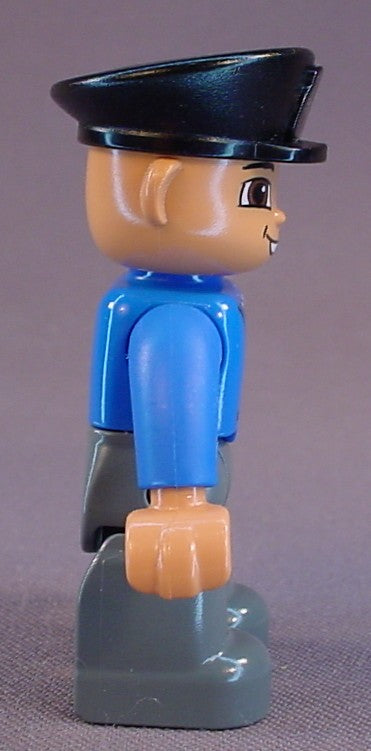 Lego Duplo 47394 Male Articulated Figure, Black Police Hat, Blue Jacket With Zipper And Logo Pattern, Gray Legs, Bends At The Waist, Legs And Head Move, Mail Horn Logo, Post Office