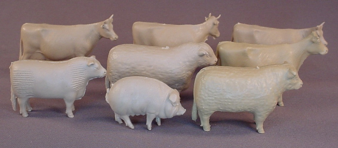 Marx Vintage Prize Livestock Farm Animals, Lot Of 8 Animals, Tan Color, 1950's Or Early 1960's, Louis Marx & Co., 2 American Guernsey Cows, Brown Swiss, Ayrshire, Hereford, American Short Horn, Black Angus, Poland Pig