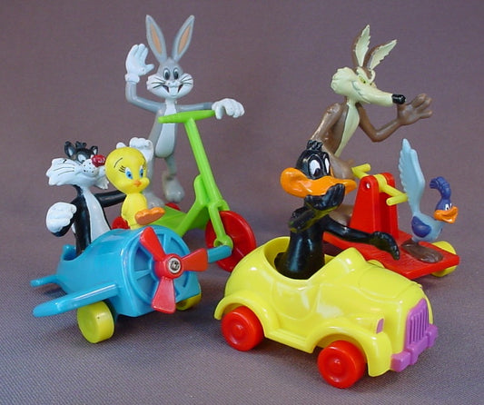 Looney Tunes Complete Set Of 4 Vehicles And PVC Figures, 1989 McDonalds, Wile E Coyote And Roadrunner On A Hand Pump Railway Truck, Daffy Duck In A Car, Bugs Bunny On A Scooter, Sylvester And Tweety In An Airplane