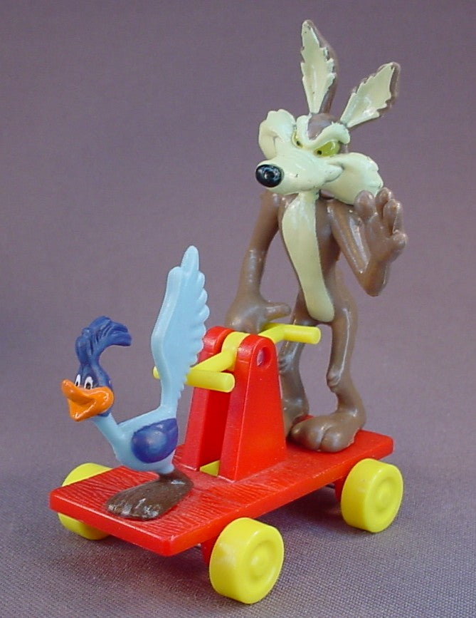 Looney Tunes Complete Set Of 4 Vehicles And PVC Figures, 1989 McDonalds, Wile E Coyote And Roadrunner On A Hand Pump Railway Truck, Daffy Duck In A Car, Bugs Bunny On A Scooter, Sylvester And Tweety In An Airplane