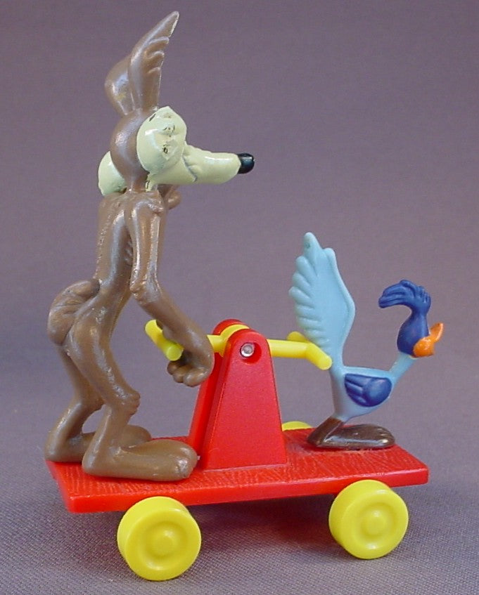 Looney Tunes Complete Set Of 4 Vehicles And PVC Figures, 1989 McDonalds, Wile E Coyote And Roadrunner On A Hand Pump Railway Truck, Daffy Duck In A Car, Bugs Bunny On A Scooter, Sylvester And Tweety In An Airplane