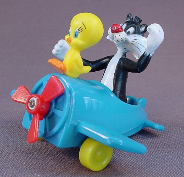 Looney Tunes Complete Set Of 4 Vehicles And PVC Figures, 1989 McDonalds, Wile E Coyote And Roadrunner On A Hand Pump Railway Truck, Daffy Duck In A Car, Bugs Bunny On A Scooter, Sylvester And Tweety In An Airplane
