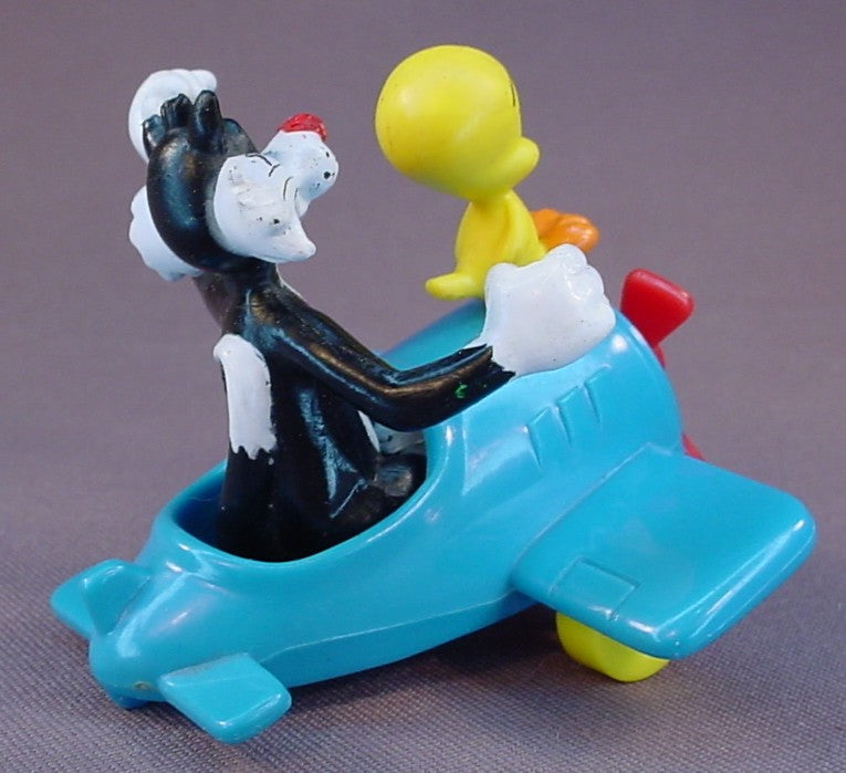Looney Tunes Complete Set Of 4 Vehicles And PVC Figures, 1989 McDonalds, Wile E Coyote And Roadrunner On A Hand Pump Railway Truck, Daffy Duck In A Car, Bugs Bunny On A Scooter, Sylvester And Tweety In An Airplane