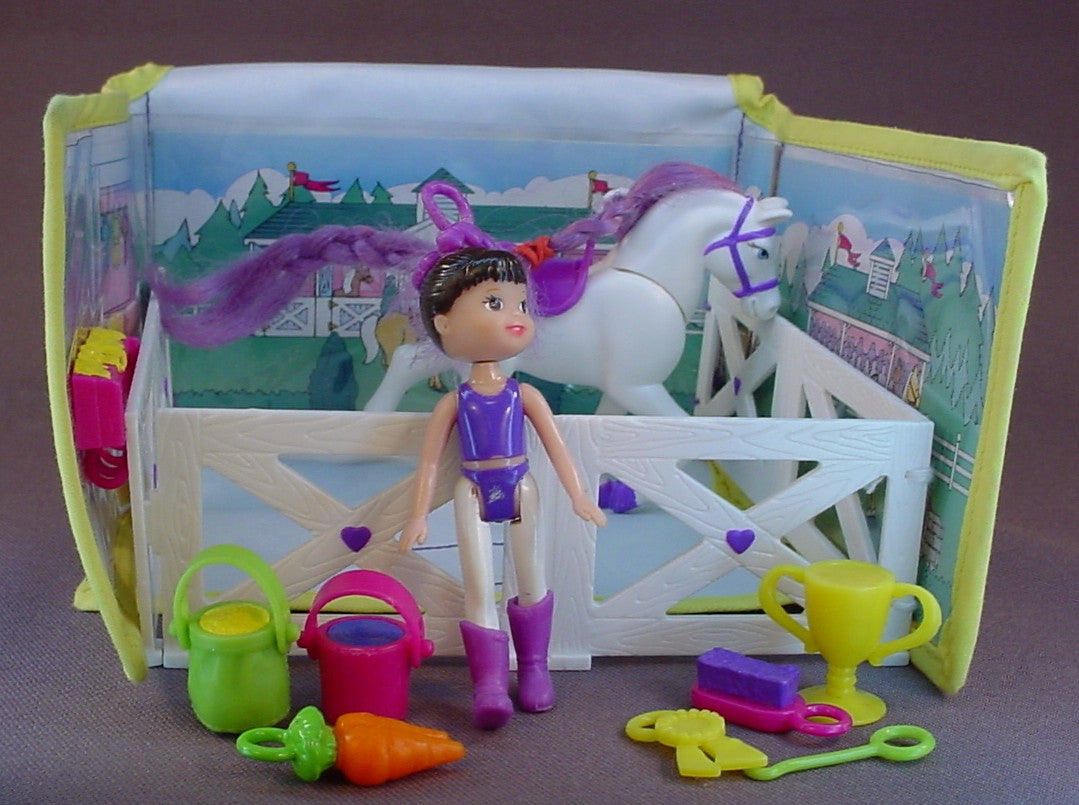 Key Charm Cuties Horse Pony Corral Take Along Purse Playset, The Doll Is 3 3/8 Inches Tall, 2000 Spin Master, Spinmaster, The Purse Folds Out To Become The Corral, The Fences Fold Out, Comes With 7 Pony Related Accessories