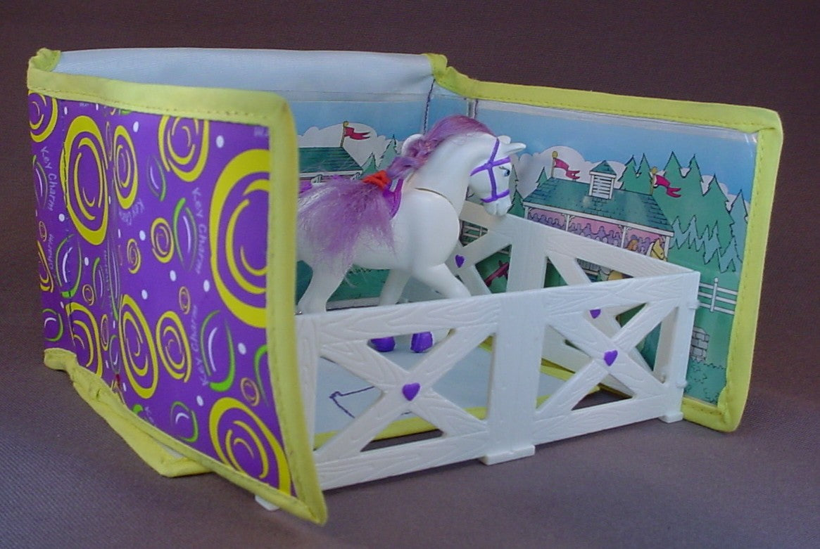 Key Charm Cuties Horse Pony Corral Take Along Purse Playset, The Doll Is 3 3/8 Inches Tall, 2000 Spin Master, Spinmaster, The Purse Folds Out To Become The Corral, The Fences Fold Out, Comes With 7 Pony Related Accessories