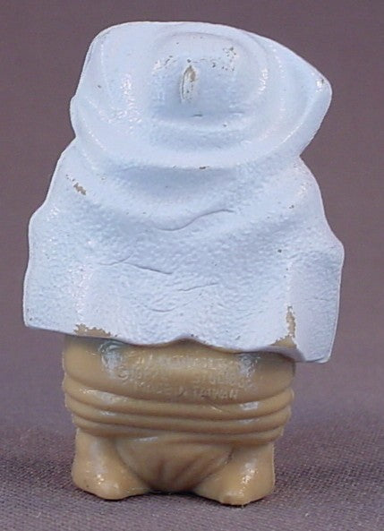 E.T. The Extra-Terrestrial Alien Wearing A White Towel Or Blanket PVC Figure, 2 Inches Tall, He Is Holding A Speak And Spell Toy, 1982 Universal, ET Movie Toy