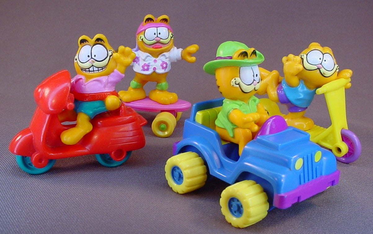 Garfield The Cat Complete Set Of 4 McDonalds Toys, The PVC Figures Are Removable From The Vehicles, Vintage, 1988 Or 1989