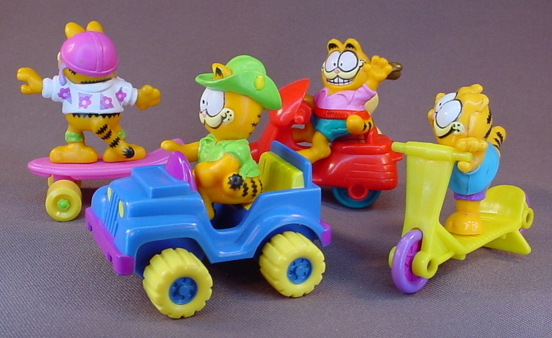 Garfield The Cat Complete Set Of 4 McDonalds Toys, The PVC Figures Are Removable From The Vehicles, Vintage, 1988 Or 1989