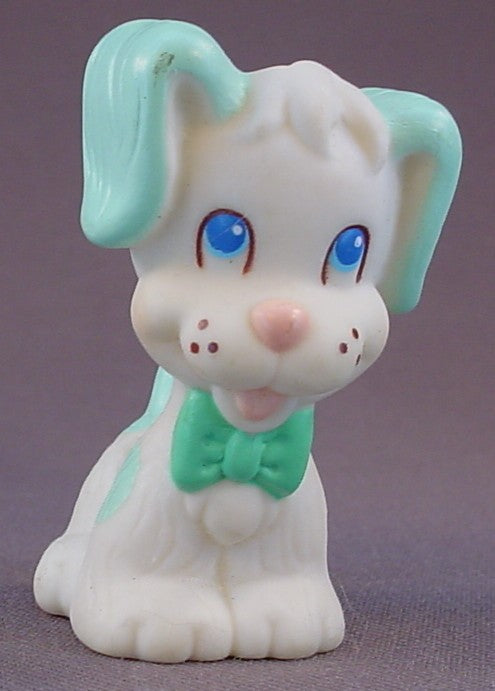 Tyco Quints Pet Puppy Dog, White And Blue With Light Blue Ears And A Blue Bow, Vinyl Figure, 2 1/8 Inches Tall, Vintage, 1991 Tyco, Animal Figure Toy