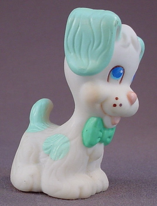 Tyco Quints Pet Puppy Dog, White And Blue With Light Blue Ears And A Blue Bow, Vinyl Figure, 2 1/8 Inches Tall, Vintage, 1991 Tyco, Animal Figure Toy
