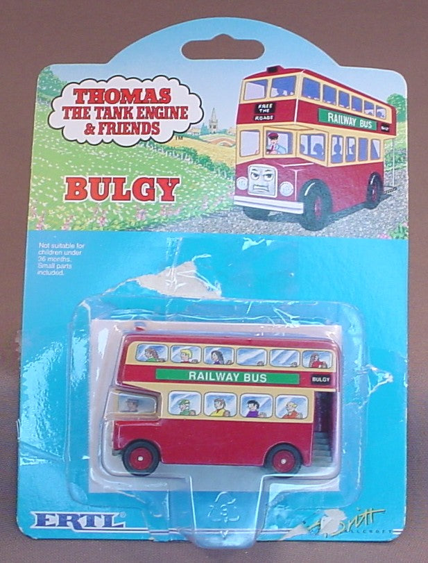 Thomas The Tank Engine And Friends Bulgy The Double Decker Railway Bus With The Original Package, Has Been Opened But Not Played With, Die-Cast Metal, 1993 Ertl, #27, #4008, About 3 Inches Long, Diecast Metal, Vintage