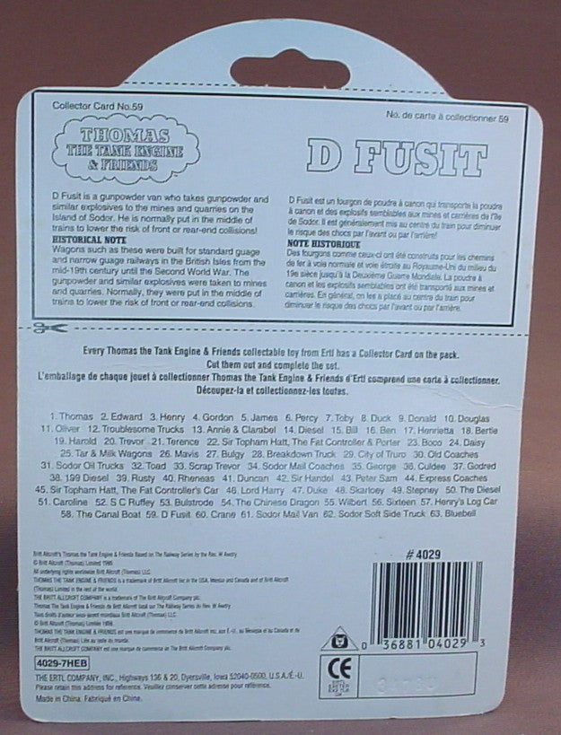 Thomas The Tank Engine And Friends D Fusit Gunpowder Cars In The Original Sealed Package, 1993 Ertl, #59, #4029, About 3 Inches Long, Vintage