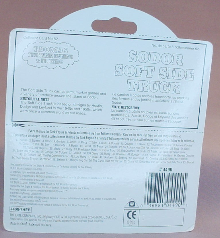 Thomas The Tank Engine And Friends Sodor Soft Side Truck In The Original Sealed Package, 1999 Ertl, #62, 4490-7HEB, Die-Cast Metal, About 3 1/4 Inches Long, Diecast Metal, Vintage