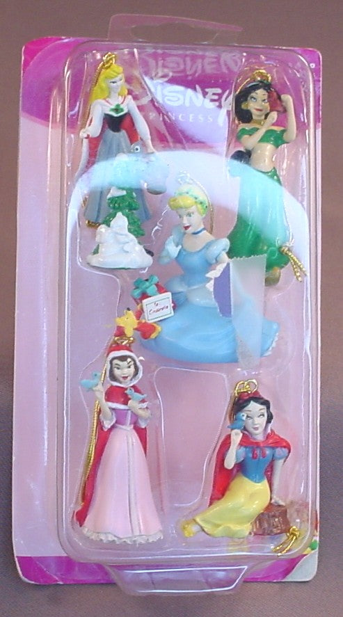Disney Princesses Package Of 5 Figures Christmas Ornaments Or Decorations In The Original Sealed Package, Enesco, The Cardboard Corners Are Turned A Bit, The Figures Are 1 1/2 To 2 Inches Tall