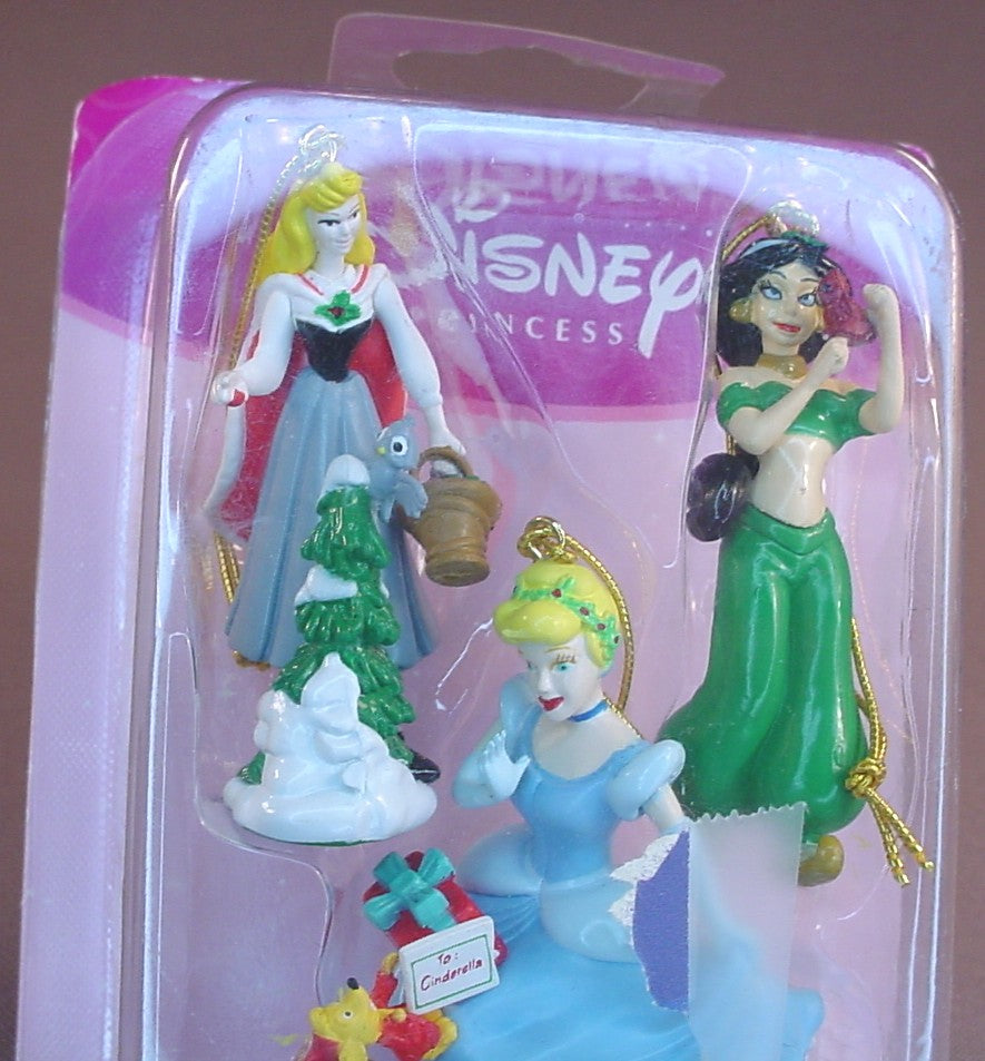 Disney Princesses Package Of 5 Figures Christmas Ornaments Or Decorations In The Original Sealed Package, Enesco, The Cardboard Corners Are Turned A Bit, The Figures Are 1 1/2 To 2 Inches Tall